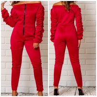 Off shoulder neck Jumpsuit with full length, zipper front, and body fit.