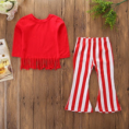 Long Sleeve Tassle T-Shirt with Striped bell bottom pants 